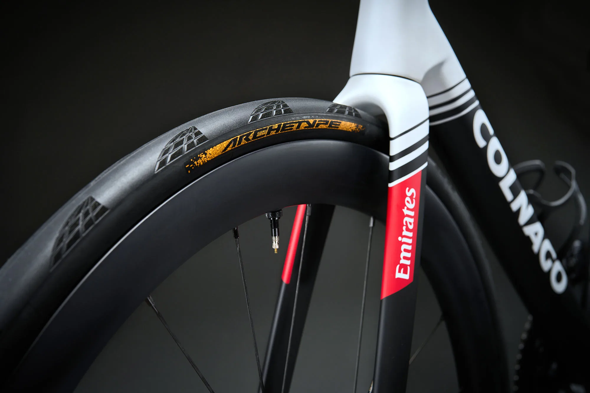 closeup details of continental archetype road bike race tire.